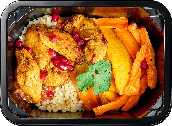 Блюдо: Булгур отварной, Шашлык куриный с аджикой, Тыква и морковь в марокканских специях